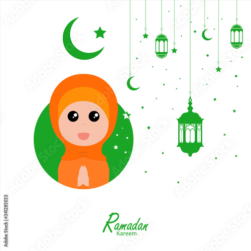 flat illustration ramadan background with ramadan kareem cartoon character design