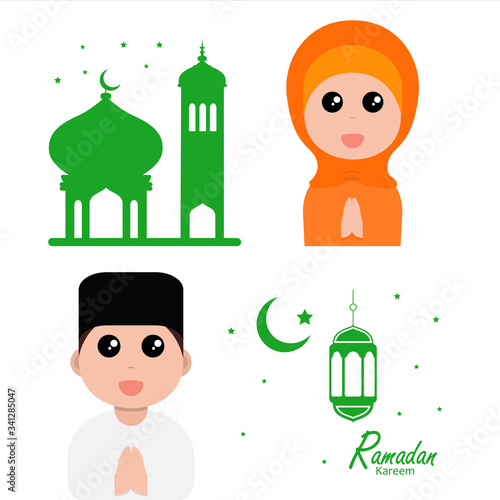 flat illustration ramadan background with ramadan kareem cartoon character design