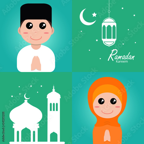flat illustration ramadan background with ramadan kareem cartoon character design