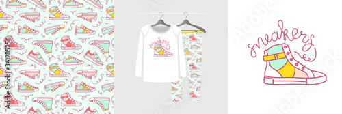 Seamless pattern and illustration set with sneakers teenage streetwear