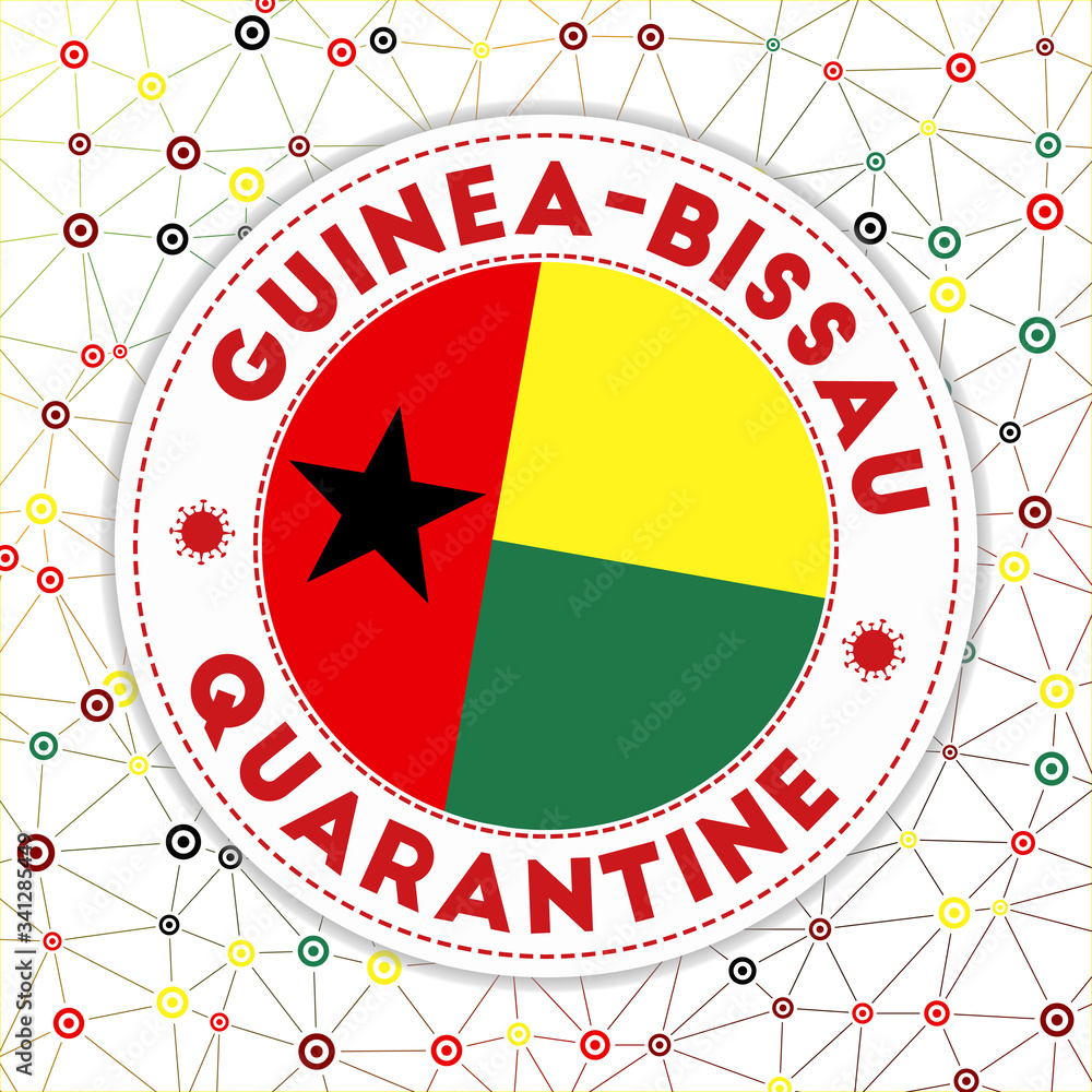 Quarantine in Guinea-Bissau sign. Round badge with flag of Guinea-Bissau. Country lockdown emblem with title and virus signs. Vector illustration. Quarantine in Guinea-Bissau sign. Round badge with flag of Guinea-Bissau. Country lockdown emblem with title and virus signs. Vector illustration.