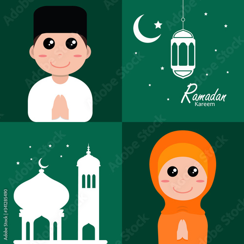 flat illustration ramadan background with ramadan kareem cartoon character design