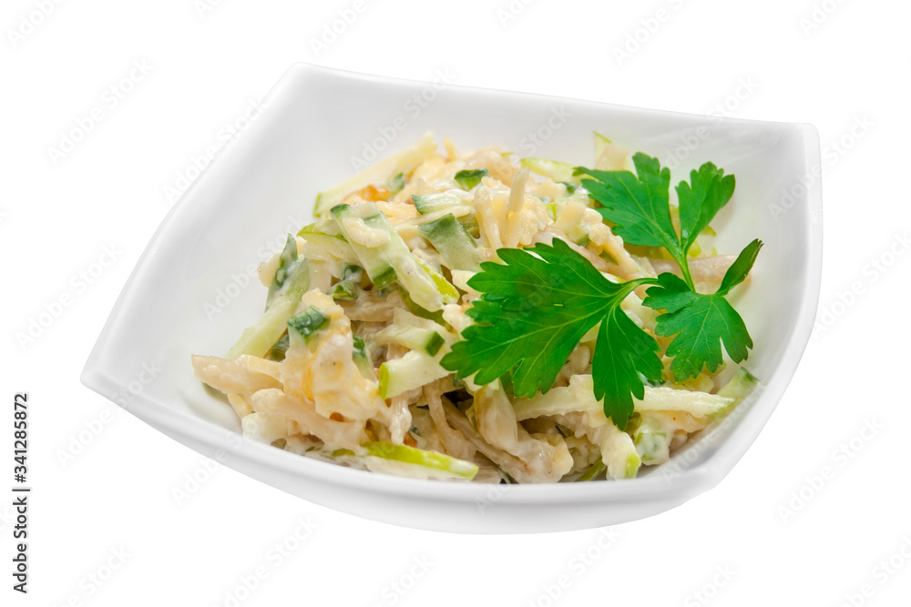 Tasty salad of green apple and boiled squid on a white background. Isolated object