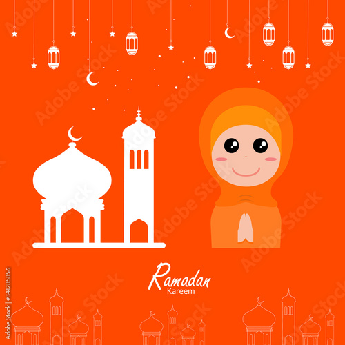 flat illustration ramadan background with ramadan kareem cartoon character design