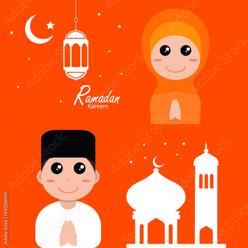 flat illustration ramadan background with ramadan kareem cartoon character design