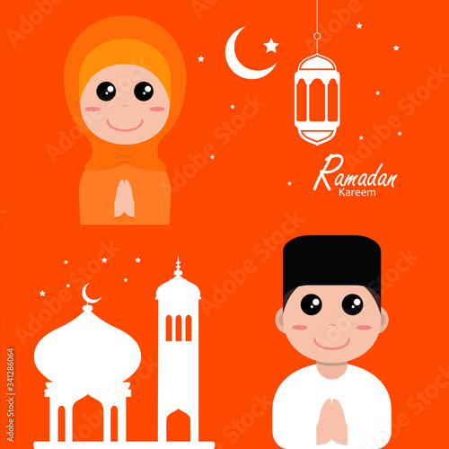 flat illustration ramadan background with ramadan kareem cartoon character design