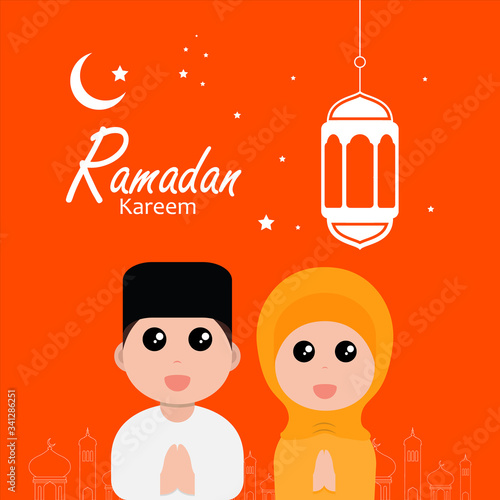 flat illustration ramadan background with ramadan kareem cartoon character design