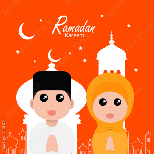 flat illustration ramadan background with ramadan kareem cartoon character design