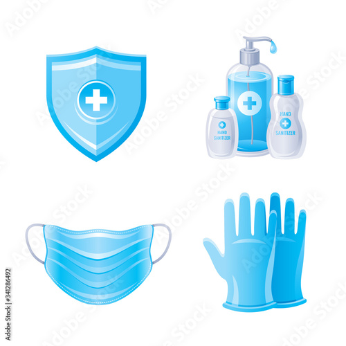 Corona virus Covid 19 protection icon set. Coronavirus prevention and medical element collection. Hand sanitizer bottles, respirator mask, gloves, shield. Vector illustration isolated white background