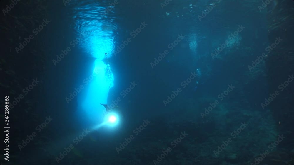 scuba divers are exploring the caves underwater cave dive ocean scenery with torch lights scuba divers are exploring the caves underwater cave dive ocean scenery with torch lights