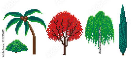 set of pixel trees, pixel art on white background