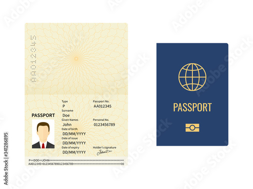 Passport template. Closed and open document for travel and immigration, identity pages with male photo, sample data and signature vector