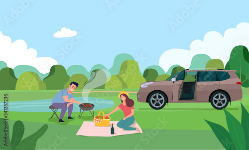 Young happy couple having picnic in the forest. Vector flat illustration.