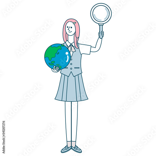 地球と虫眼鏡を持った女子