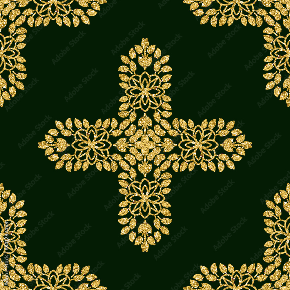 ornament gold glitter wallpaper in the style of Baroque. Seamless vector for fabric, packaging. Ornate Damask ornament gold glitter wallpaper in the style of Baroque. Seamless vector for fabric, packaging. Ornate Damask