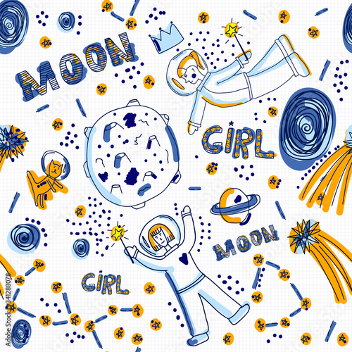 Hand drawn seamless pattern with cute astronaut girls, planets and cat.
