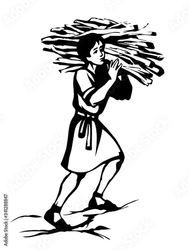 Man carries firewood. Vector drawing