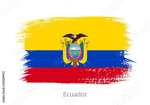 Ecuador republic official flag in shape of paintbrush stroke. Ecuadorian national identity symbol for patriotic design. Grunge brush blot vector illustration. Ecuador country nationality sign. photo