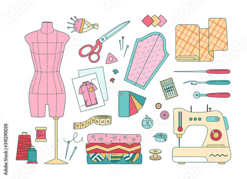 Professional sewing, tailoring and making cloth set. Isolated tailor and seamstress tools, fashion designer pro accessories like mannequin, scissors, fabrics stack. Modern vector kit - flat line style