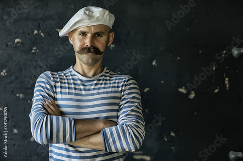 brutal cook with mustache, unusual marine chef in a vest, vintage style