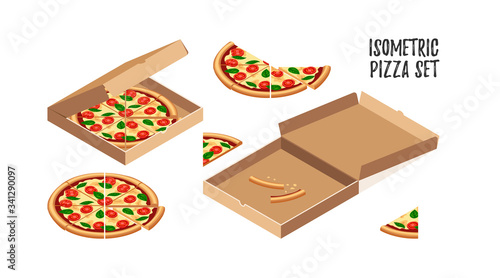 Tasty pizza margherita with tomato, cheese, basil isometric set. 3d slicesand food crusts in opened carton box. Flat fast food icon collection. Vector illustration for web, advert, menu, app