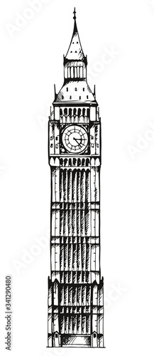 Big Ben illustration isolated on white background, Elizabeth Tower in London hand drawn vector sketch