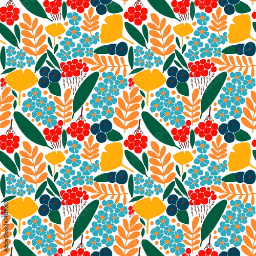 Hand drawn seamless pattern with flowers, branches, leaves and berries. 