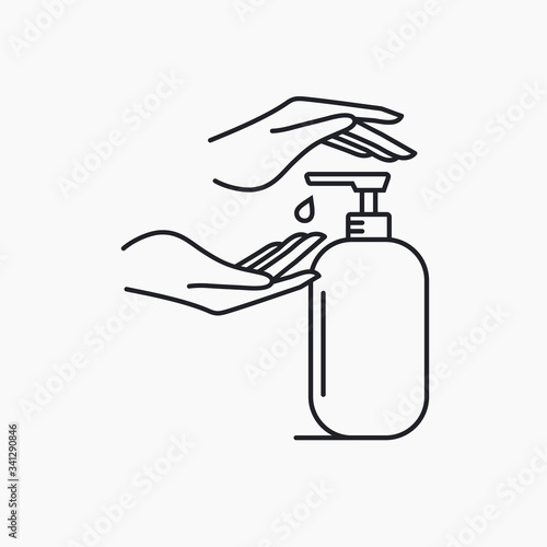 Washing hand with sanitizer liquid soap. Vector line icon template.