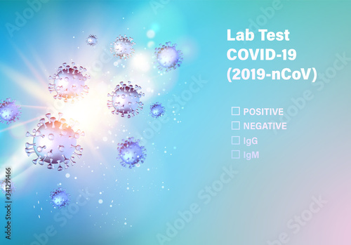 Lab test check list on covid-19. Coronavirus evident symptoms of disease medical illustration. Stay at home for your safe. Computer model of virus. Vector illustration.