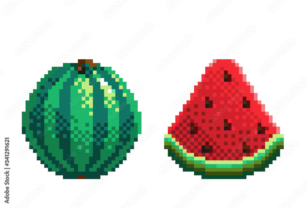 Set of pixel art fruits icon. 32x32 pixels. Vector illustration on