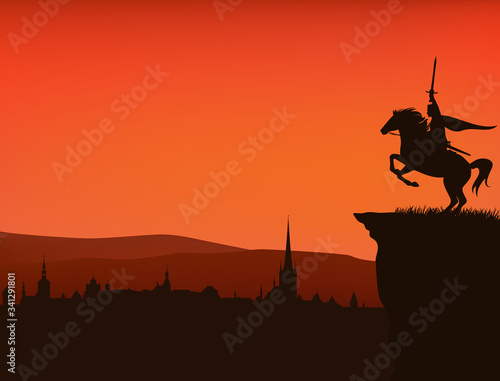 fairy tale king with sword in hand riding rearing up horse on a cliff above medieval city - vector silhouette of fantasy or legend scene