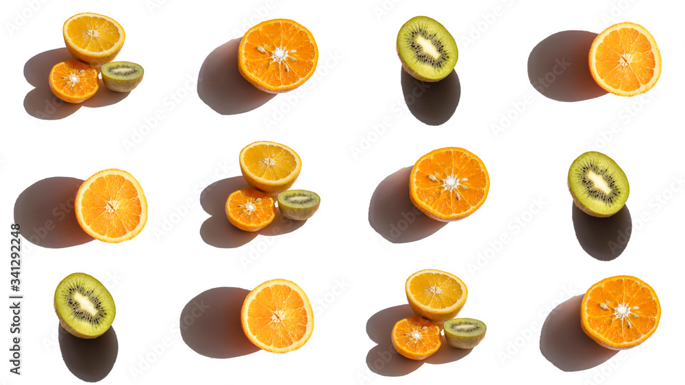 Pattern with oranges and kiwis on a white background. The basis for the design with tropical fruits Pattern with oranges and kiwis on a white background. The basis for the design with tropical fruits