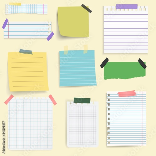 Set of different notebook torn pages and pieces of ripped paper for notes. Vector illustration