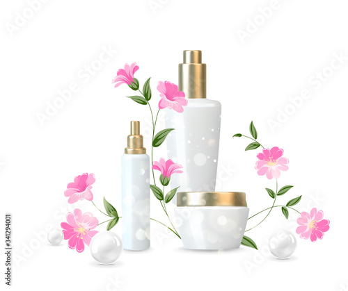 Women care cosmetic in beautiful bottles over white background. Aromatic herbs cream and oil. Moisturizer with Vitamins and Regenerate Cream contains herbal essence. Vector illustration.