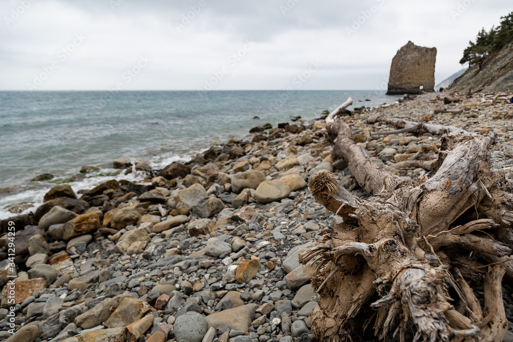 Stones beach at the sea in dark day