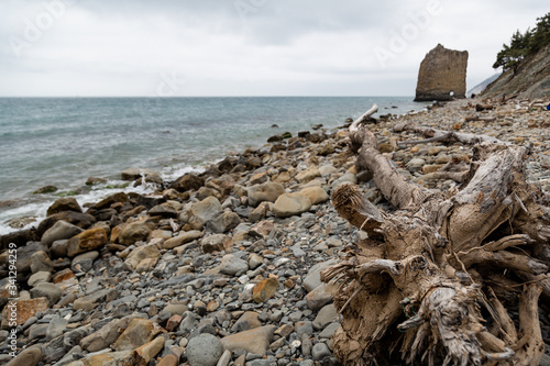 Obraz na płótnie Stones beach at the sea in dark day w salonie