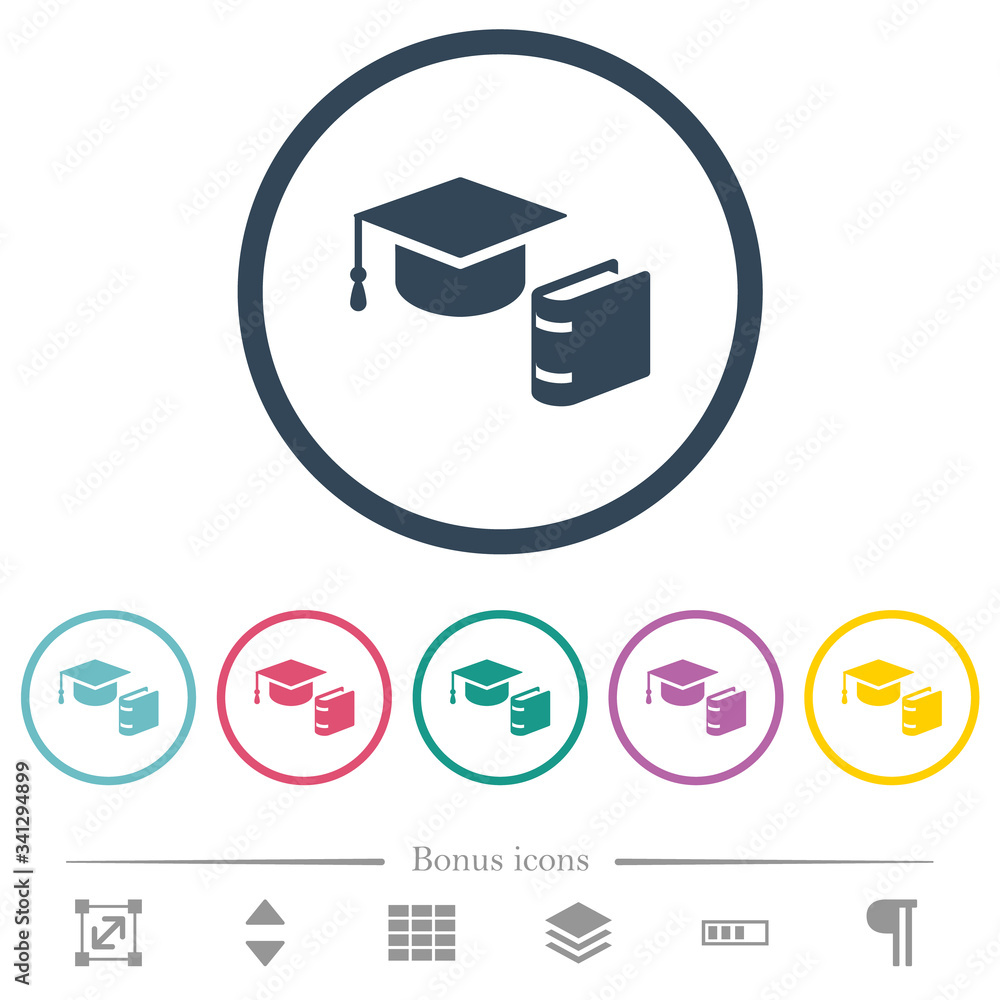 Graduation cap with book flat color icons in round outlines