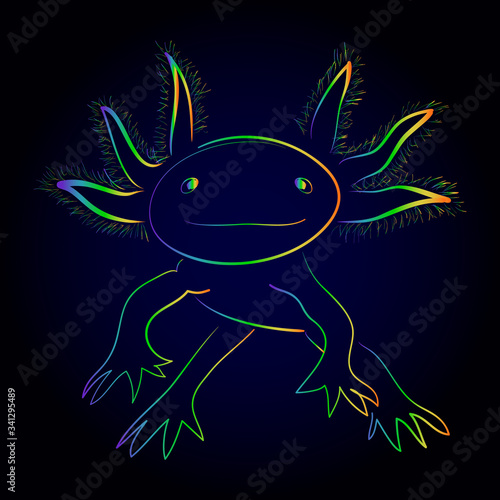 Isolated vector illustration of stylized rainbow axolotl. Mexican walking fish. Neotenic fire salamander. Handdrawn style