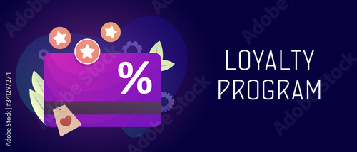 Loyalty program and retail customer rewards service. Discount card with rewarding marketing points concept. Online promotion method for regular customers. Header and footer banner template with text.