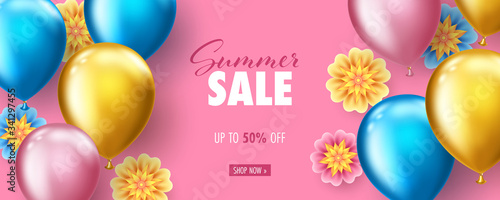 Background with flowers and colorful floating balloons. Sale banner, poster or flyer template