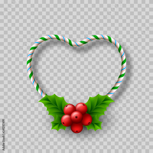 Christmas transparent background with heart-shaped frame made of candy cane and holly berries