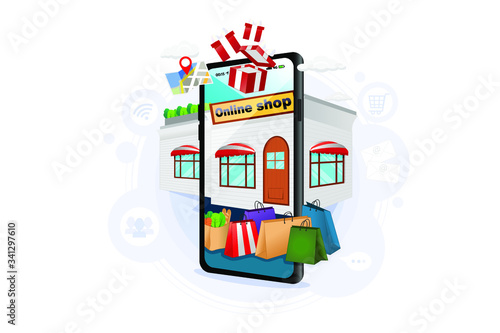 Online shopping store easy from phone showing shopping bags in front of store