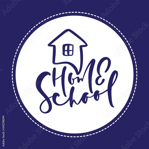 Concept of home schooling logo. Vector Home School calligraphy lettering text and house icon. For studying at home online. Illustration emblem of education