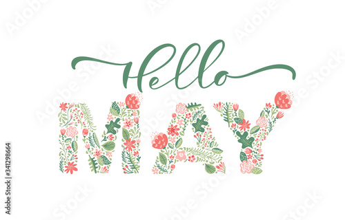 Hello May handwritten calligraphy lettering text. Spring month vector with flowers and leaves. Decoration floral. Illustration month may photo