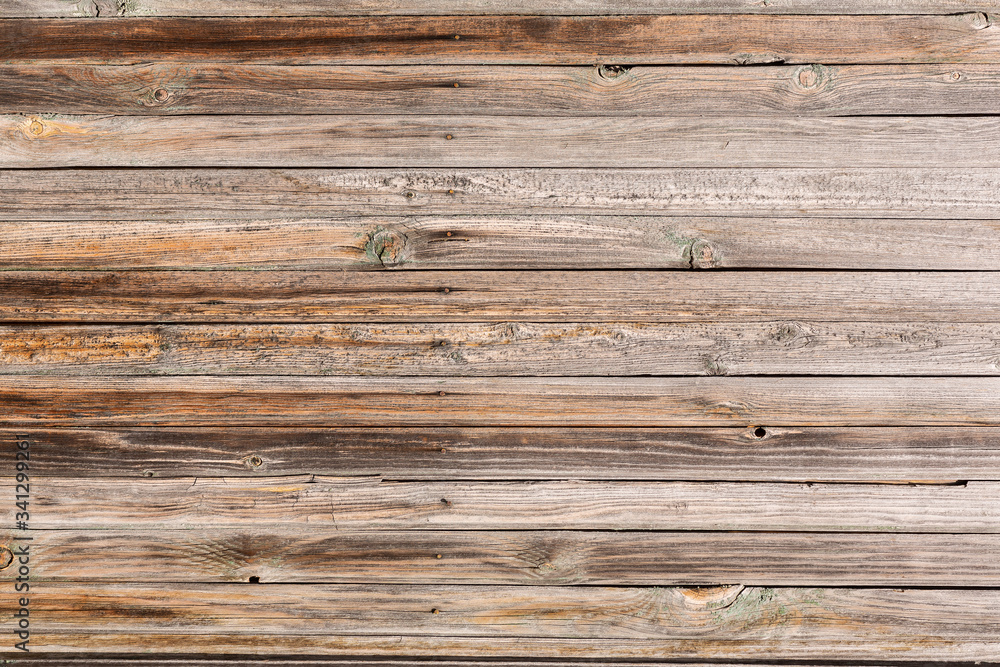 Horizontal closeup of old wooden plank wall, brown wooden background, fence or floor panels Horizontal closeup of old wooden plank wall, brown wooden background, fence or floor panels