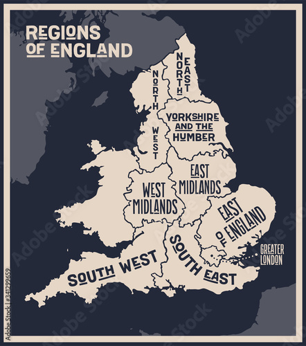 Map England. Poster map of regions of England. Black and white print map of England for t-shirt, poster, print. Hand-drawn graphic map with regions. Vector Illustration