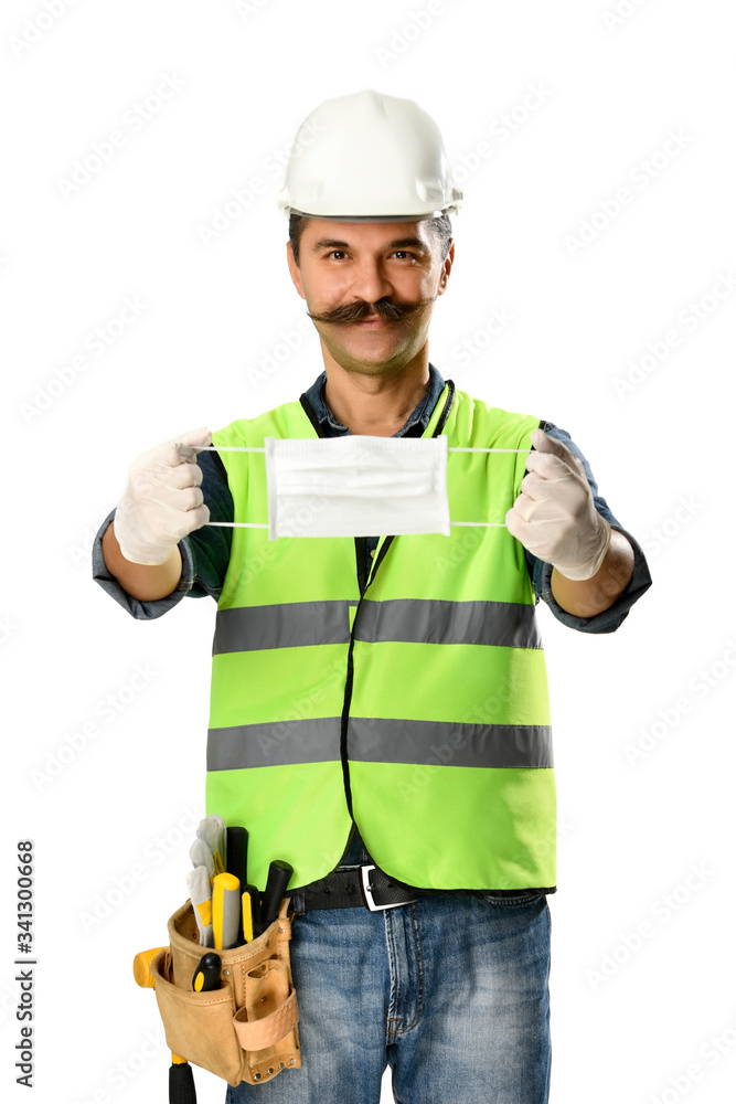 Manual worker with mustache holding protective face mask for your text for Coronavirus epidemic isolated on white background. Manual worker with mustache holding protective face mask for your text for Coronavirus epidemic isolated on white background.