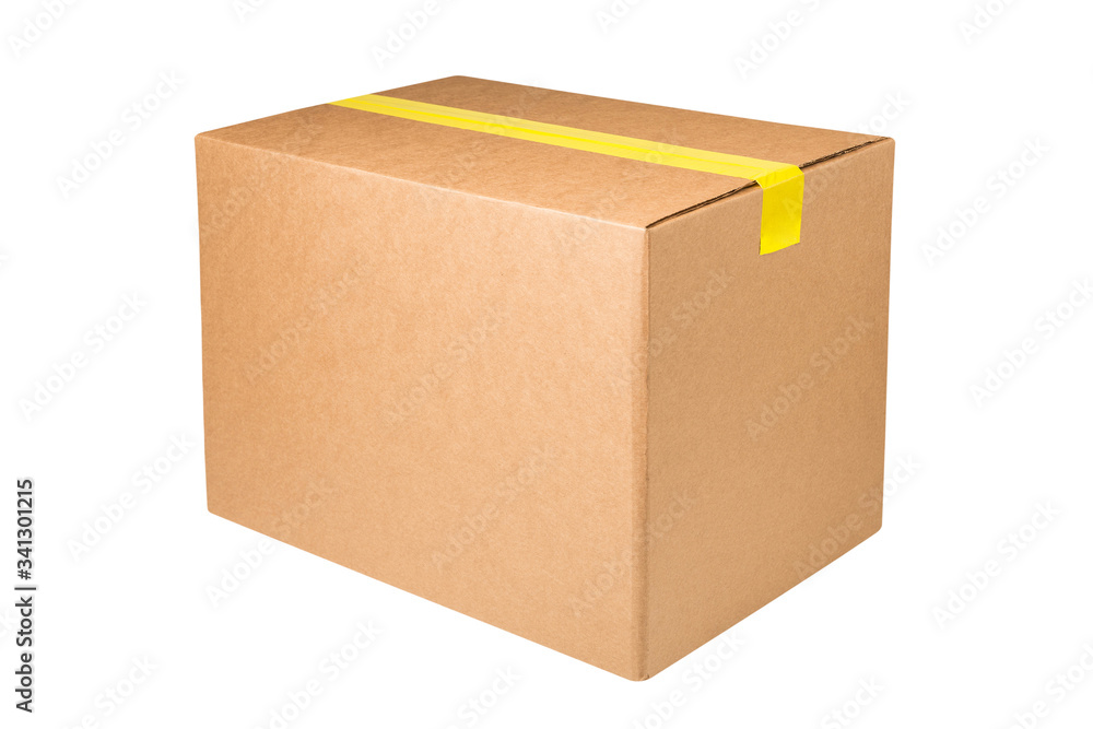Blank cardboard box with yellow sticky tape isolated on white background. Carton box taped with sticky tape isolated on white background Blank cardboard box with yellow sticky tape isolated on white background. Carton box taped with sticky tape isolated on white background