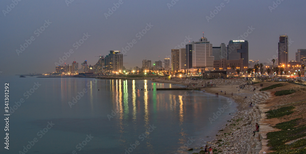 Tel Aviv city coastline at night, Israel.
