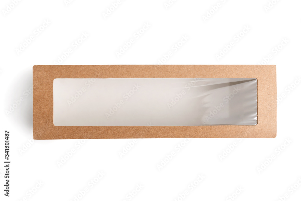 Macaron packaging box with plastic window. Macaron cookie package box mockup isolated on white background. Top view. Flat lay Macaron packaging box with plastic window. Macaron cookie package box mockup isolated on white background. Top view. Flat lay